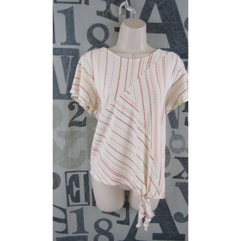 ACOS & A Designer Cream Multi-Color Stripe Knit Top Women XL Tie Front Stretch